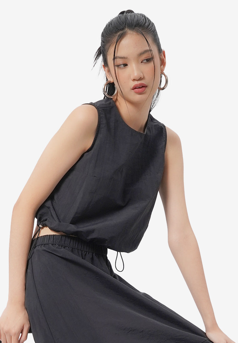 Sleeveless Drawstring Cropped Top Black