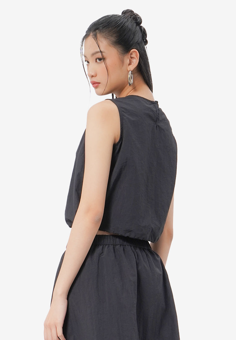 Sleeveless Drawstring Cropped Top Black