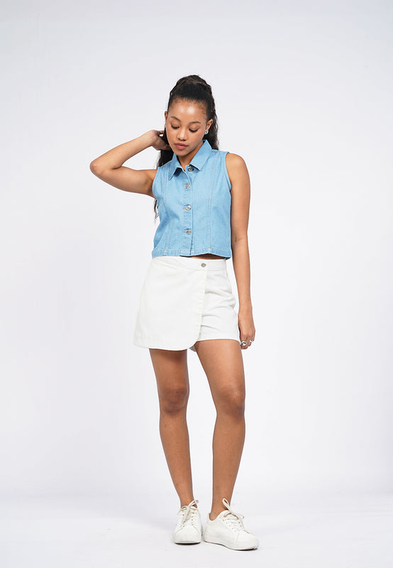 Crop Denim Vest with Collar