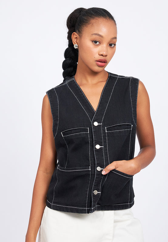Contrast Stitching Denim Vest