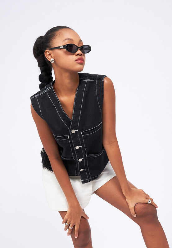 Contrast Stitching Denim Vest
