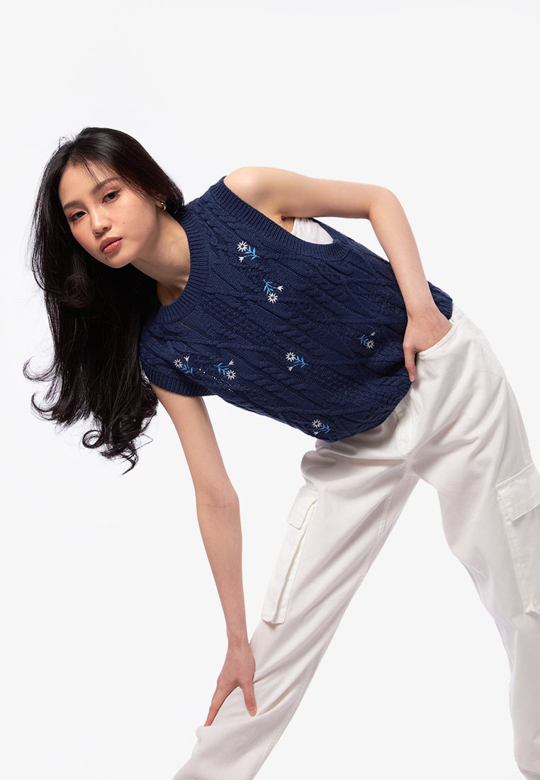 Embroidered Sleeveless Knit Top