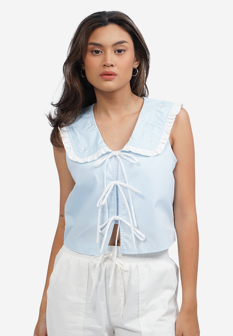Wide Collar Tied Crop Top L.Blue