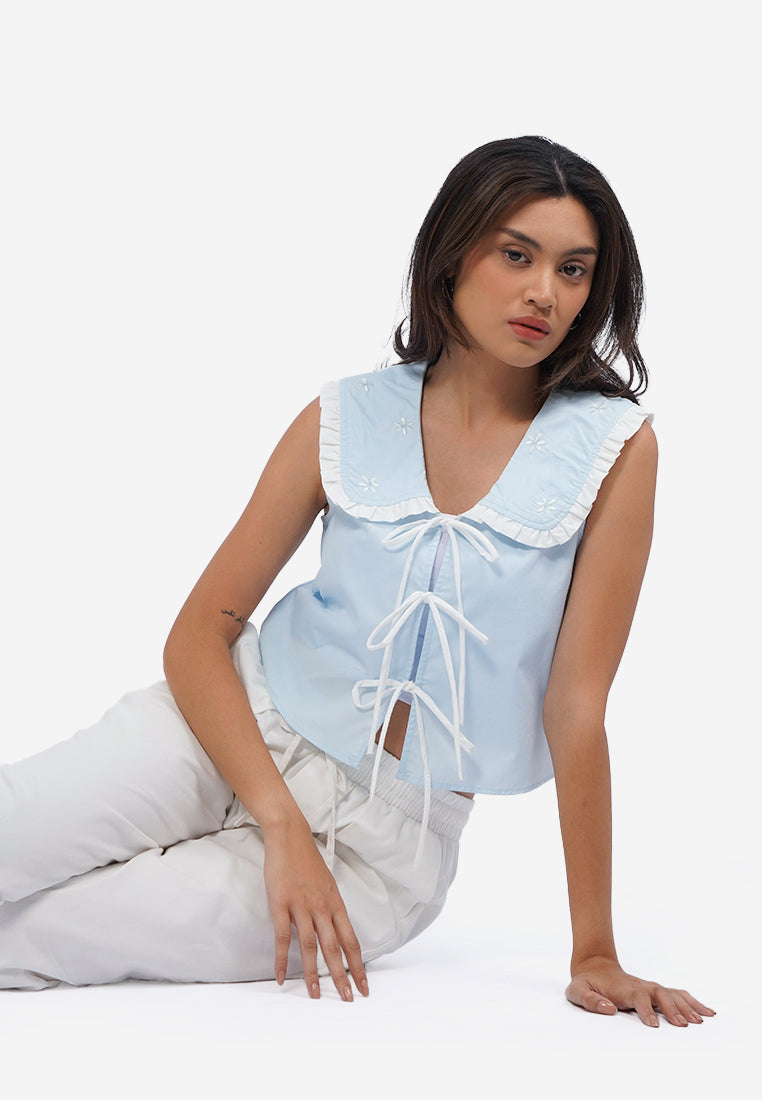 Wide Collar Tied Crop Top L.Blue