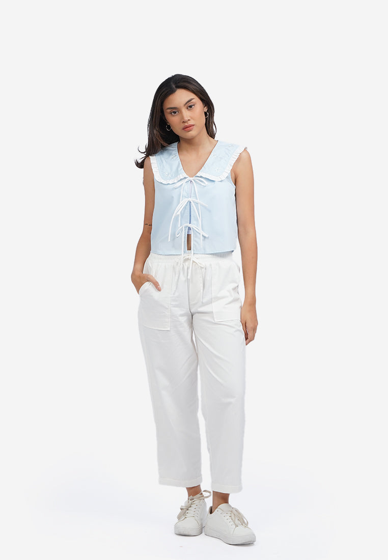 Wide Collar Tied Crop Top L.Blue