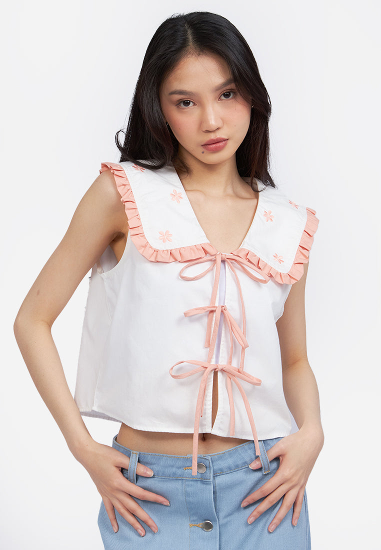 Wide Collar Tied Crop Top Off White