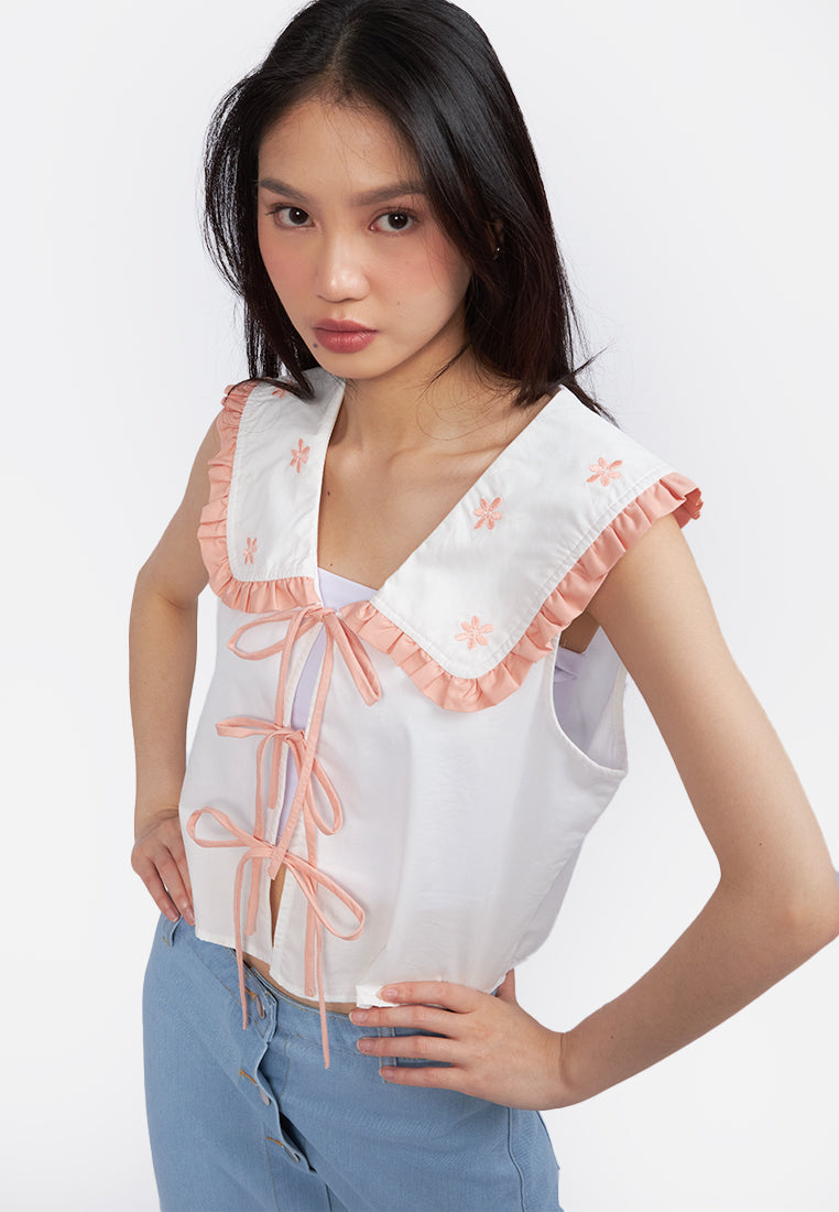 Wide Collar Tied Crop Top Off White