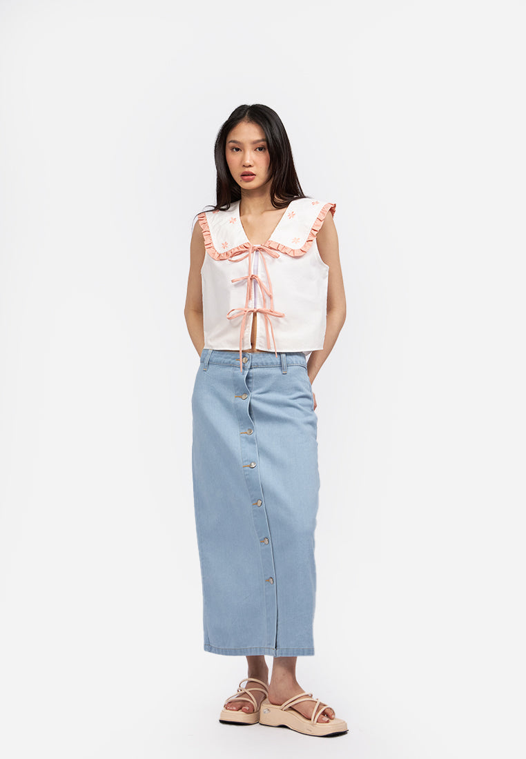 Wide Collar Tied Crop Top Off White