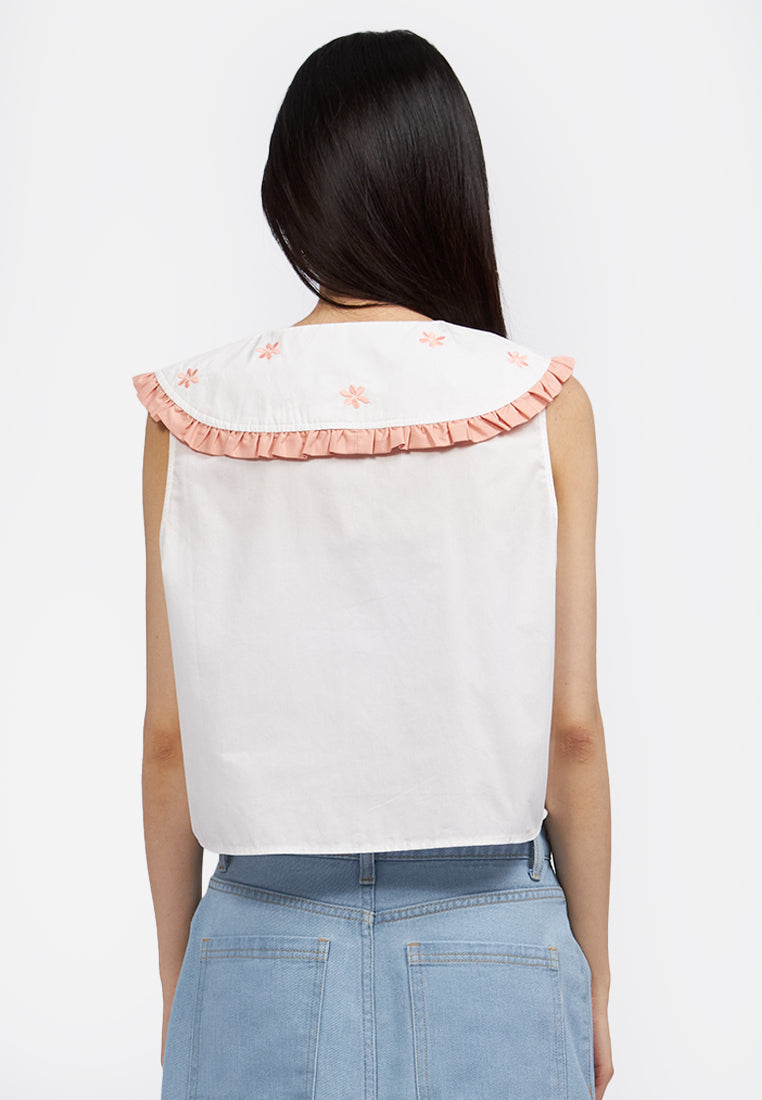 Wide Collar Tied Crop Top Off White