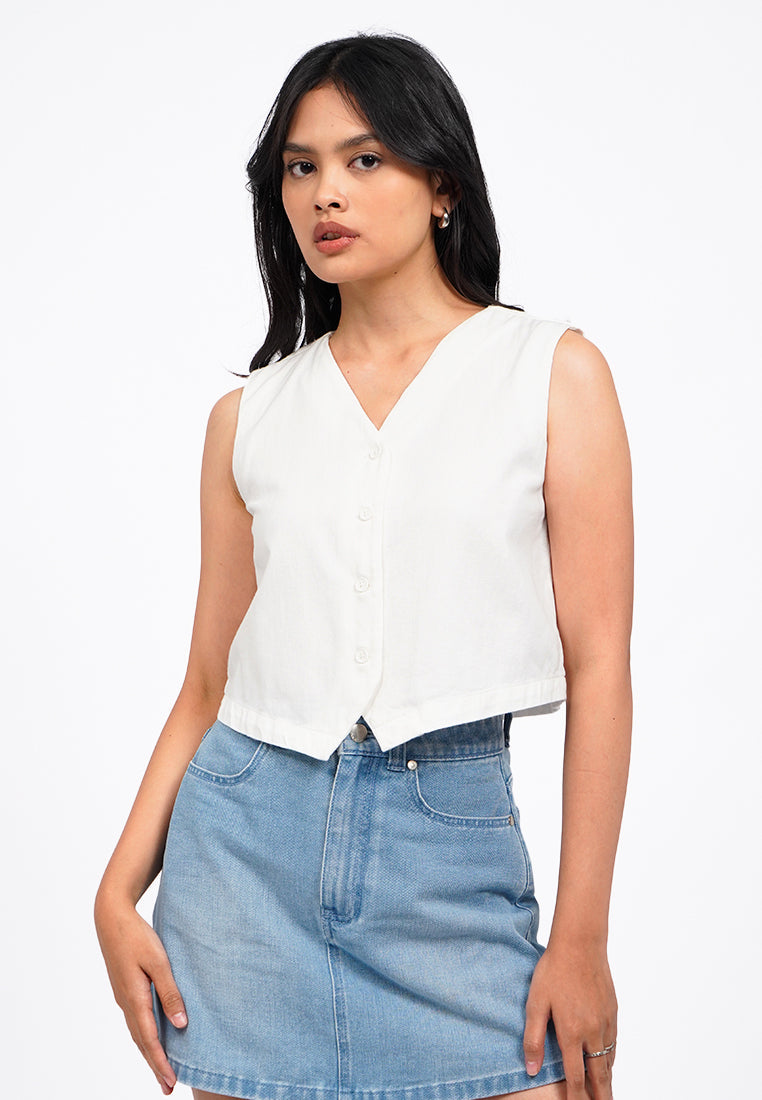 Button Up V-Neck Crop Vest