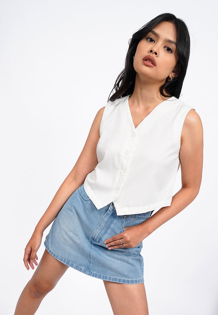 Button Up V-Neck Crop Vest