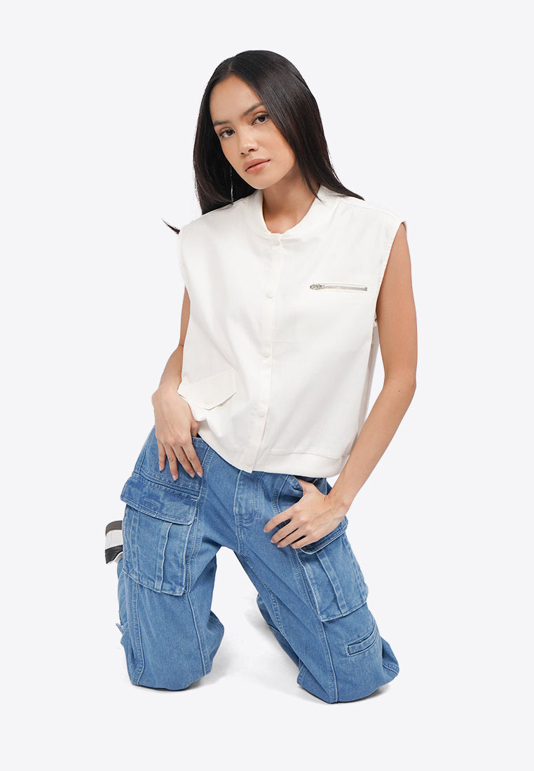 Cropped Twill Vest Off White