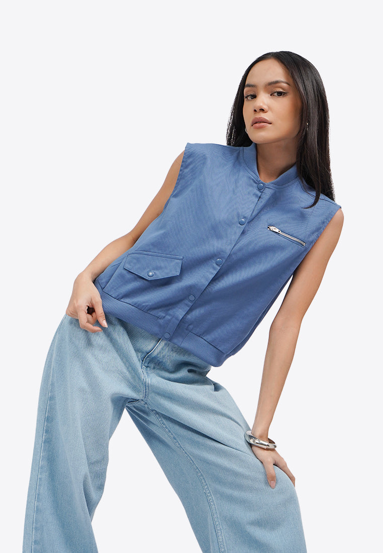 Cropped Twill Vest Blue