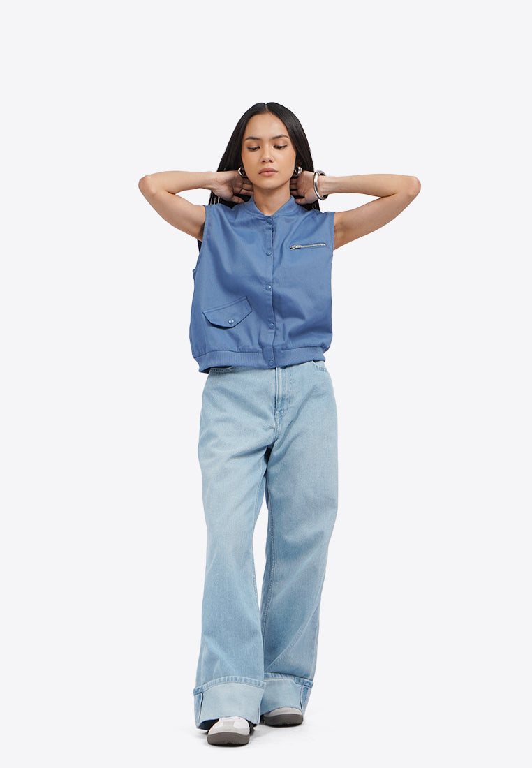 Cropped Twill Vest Blue