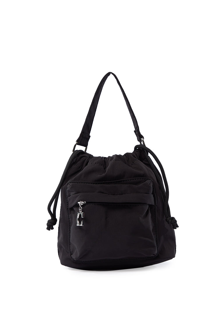 Black Drawstring Bag with Long Strap