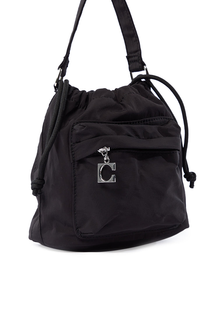 Black Drawstring Bag with Long Strap
