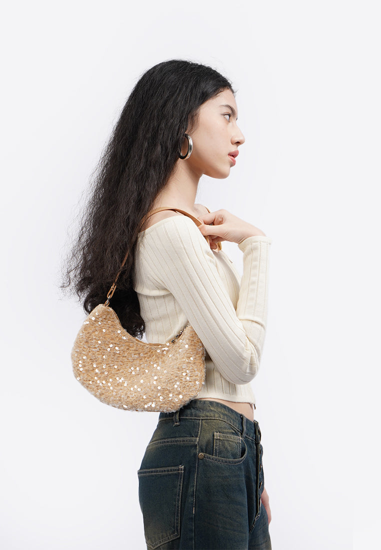 Beige Sequin Sling Bag