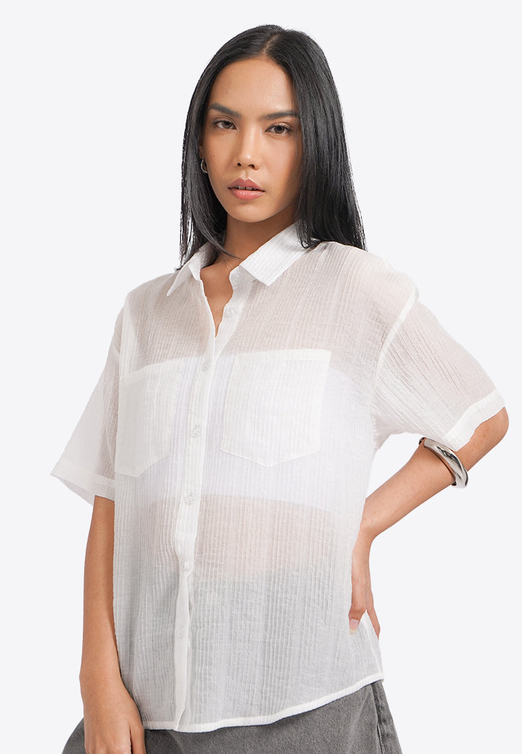 Short Sleeve Textured Sheer Blouse