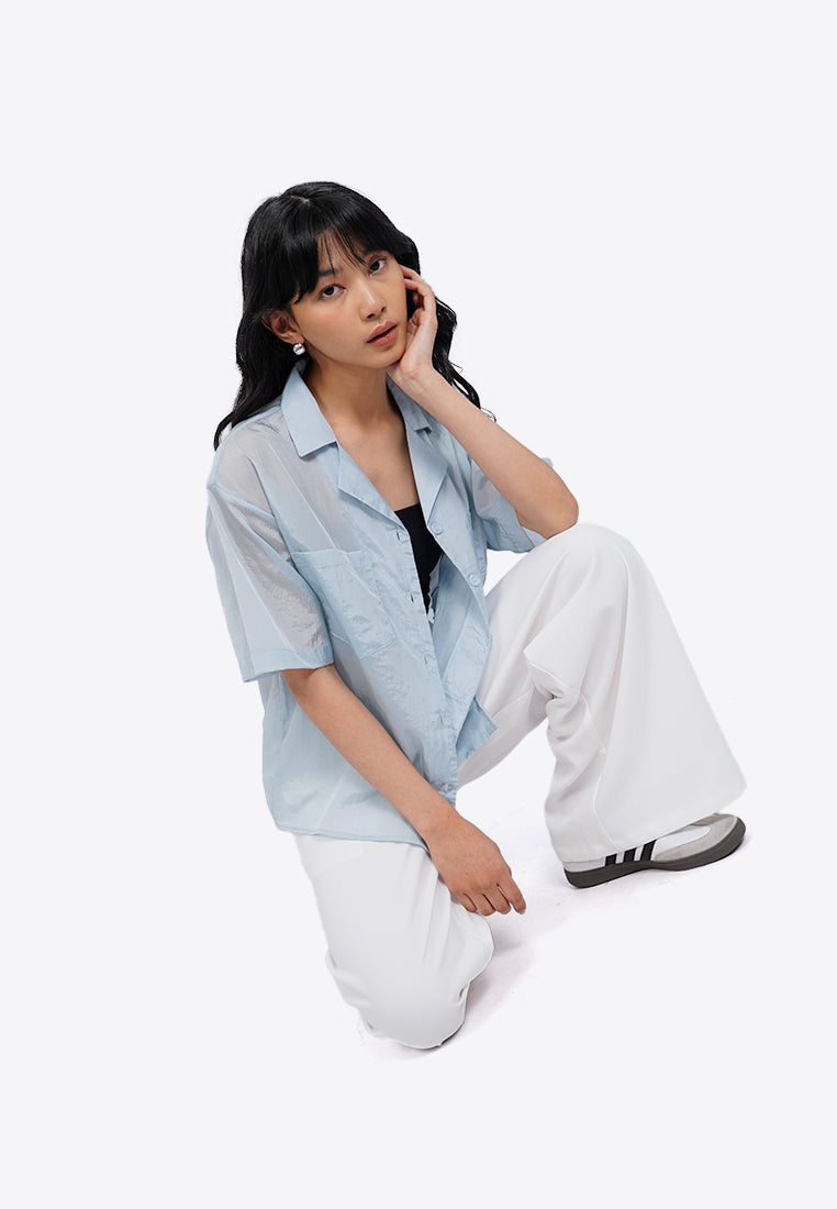 Notch Collar Short Sleeve Sheer Shirt