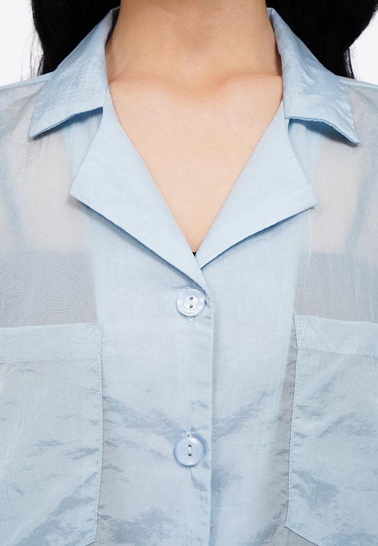 Notch Collar Short Sleeve Sheer Shirt