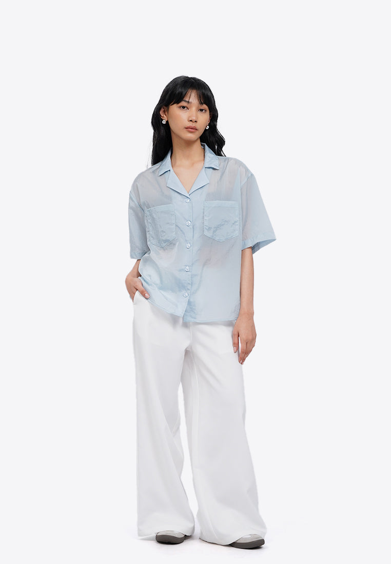 Notch Collar Short Sleeve Sheer Shirt