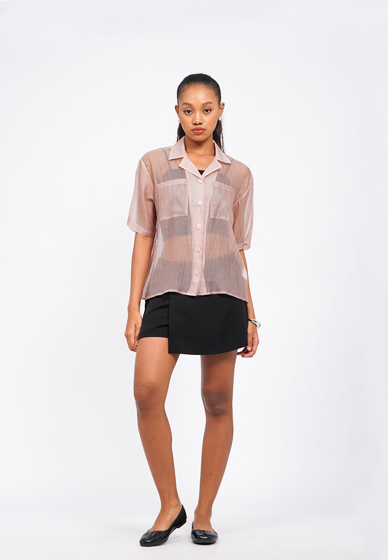 Oversized Short Sleeve Sheer Blouse