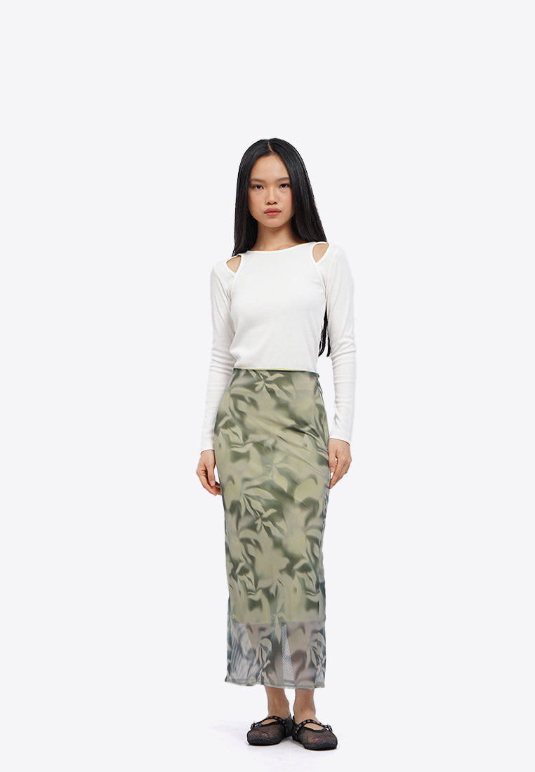 Printed Mesh Midi Skirt
