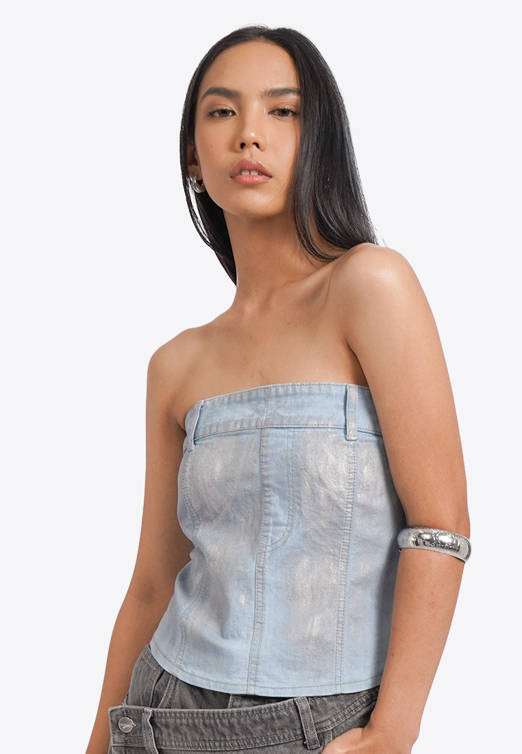 Foil Effect Denim Tube Top