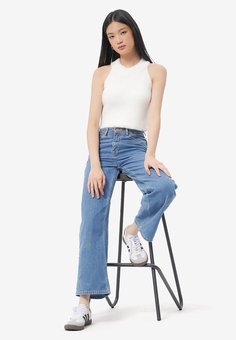 Fur Cropped Halter Neck Off White
