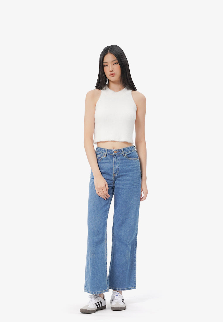 Fur Cropped Halter Neck Off White