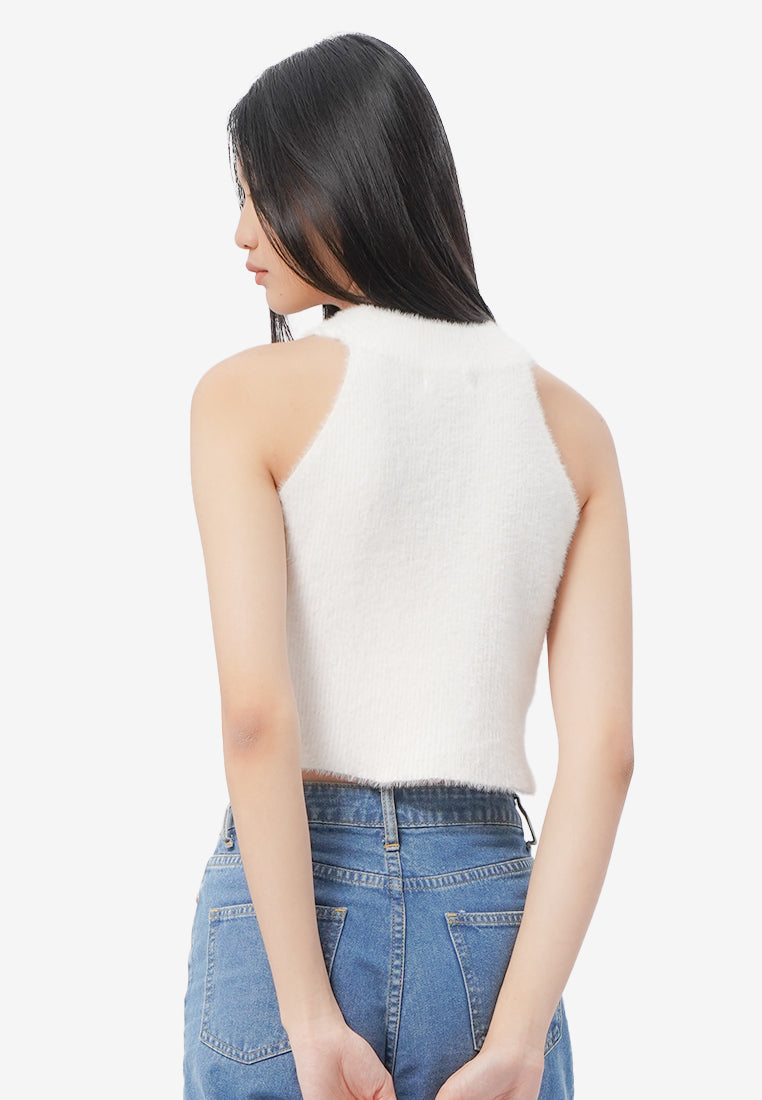 Fur Cropped Halter Neck Off White