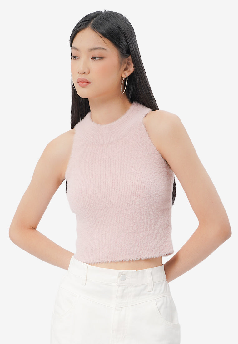 Fur Cropped Halter Neck L.Pink