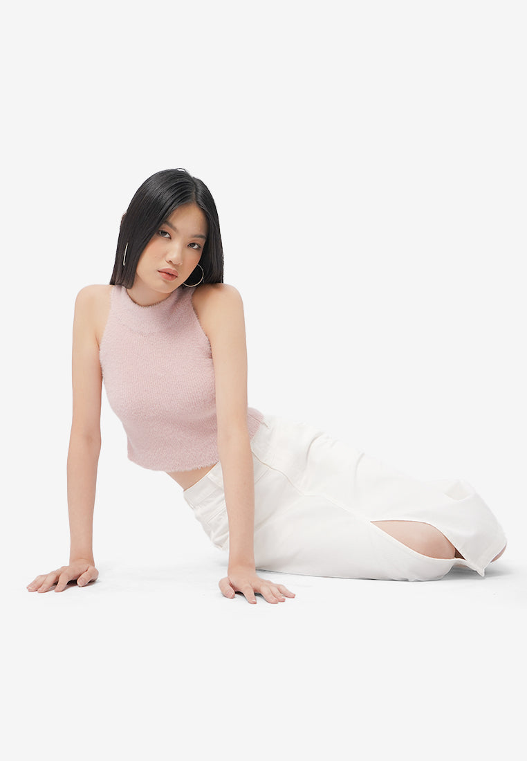 Fur Cropped Halter Neck L.Pink