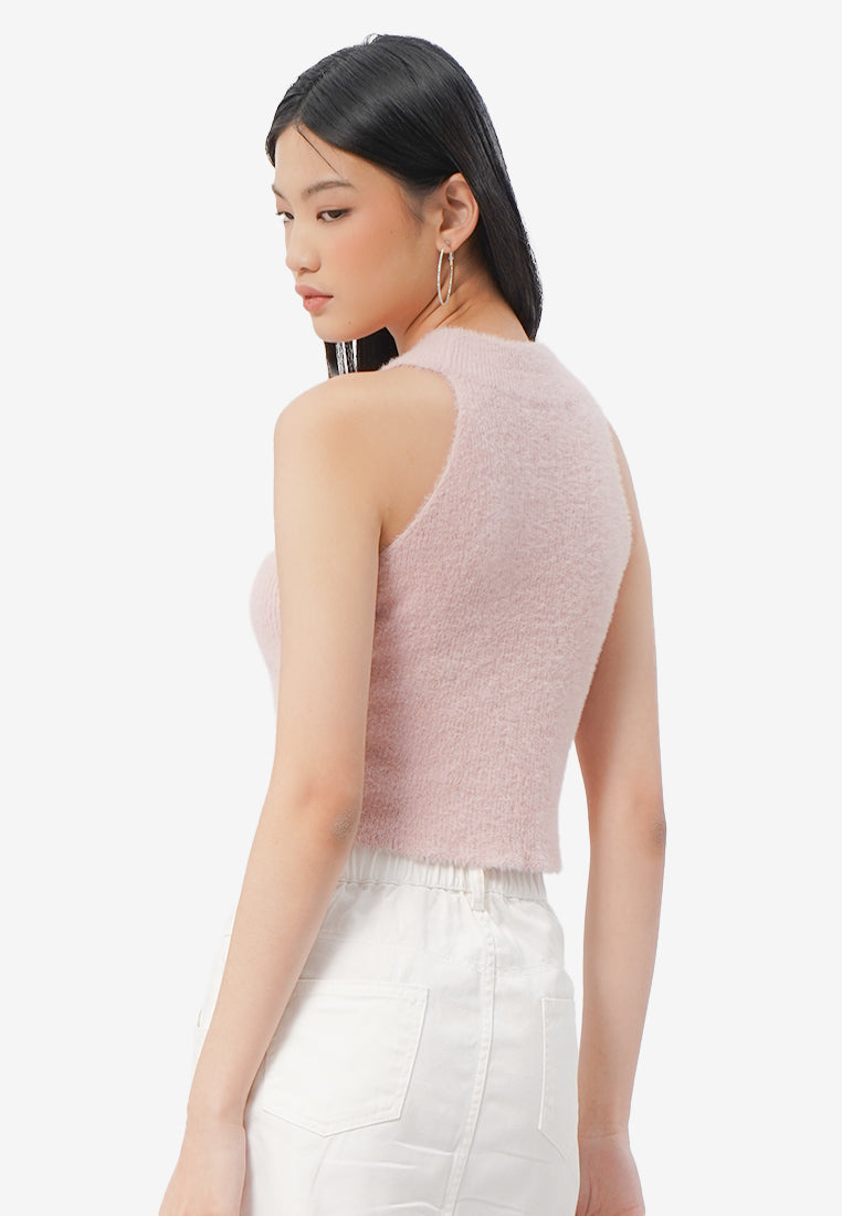 Fur Cropped Halter Neck L.Pink