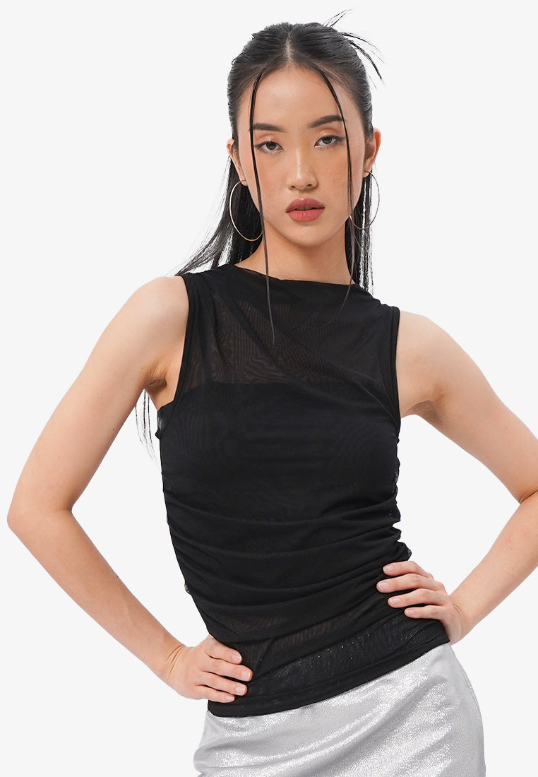 Side Ruched Sleeveless Top Black