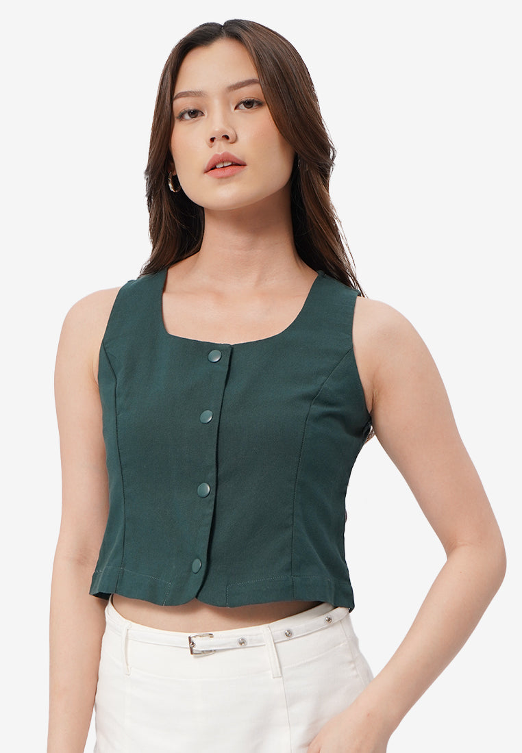 Square Neck Button Up Vest Dark Green