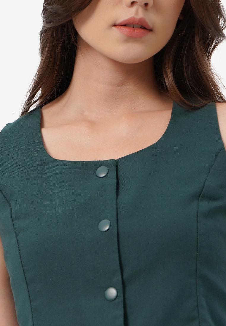 Square Neck Button Up Vest Dark Green