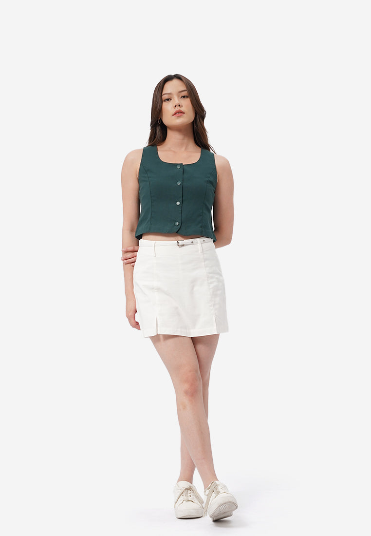 Square Neck Button Up Vest Dark Green