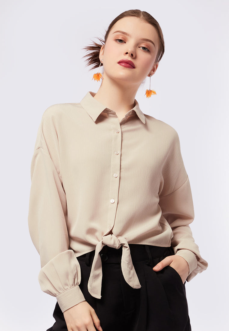 Tie Hem Crinkle Long Sleeve Blouse