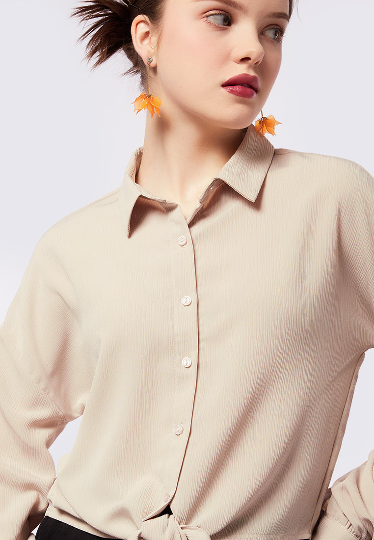 Tie Hem Crinkle Long Sleeve Blouse