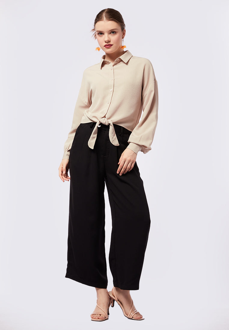 Tie Hem Crinkle Long Sleeve Blouse
