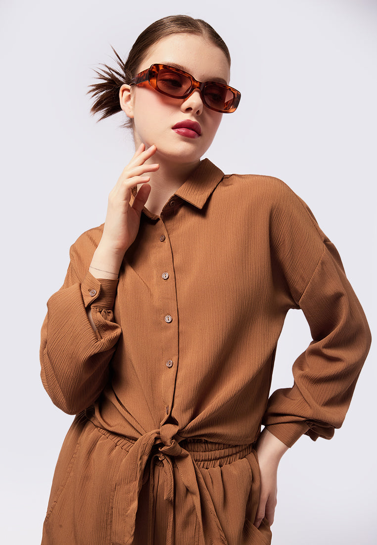 Tie Hem Crinkle Long Sleeve Blouse