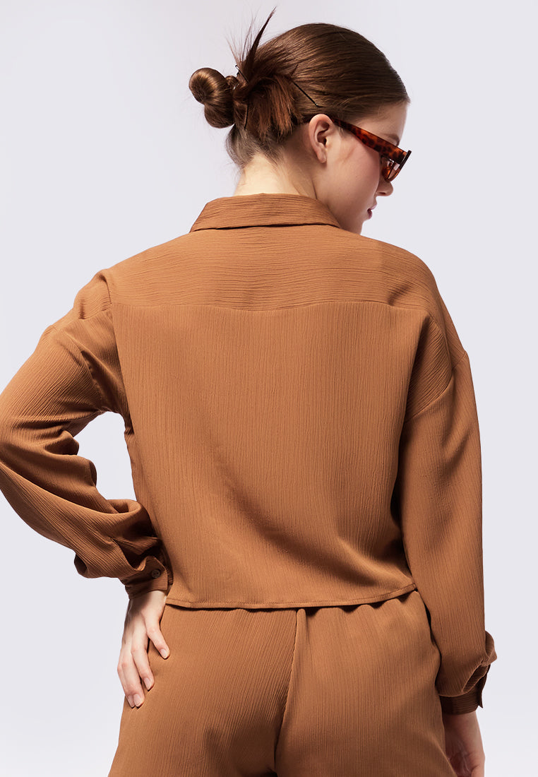 Tie Hem Crinkle Long Sleeve Blouse