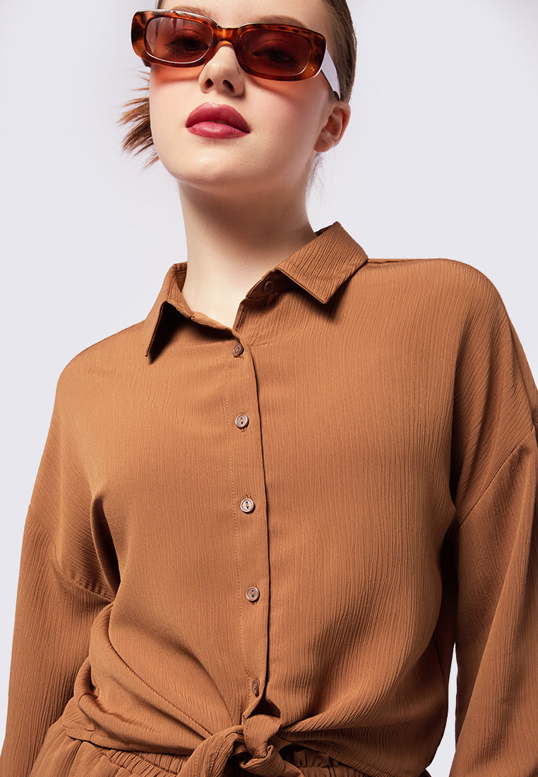 Tie Hem Crinkle Long Sleeve Blouse