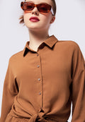 Tie Hem Crinkle Long Sleeve Blouse