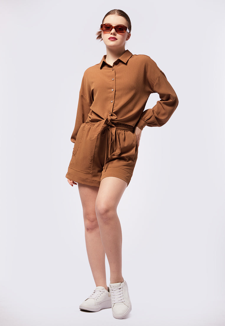 Tie Hem Crinkle Long Sleeve Blouse