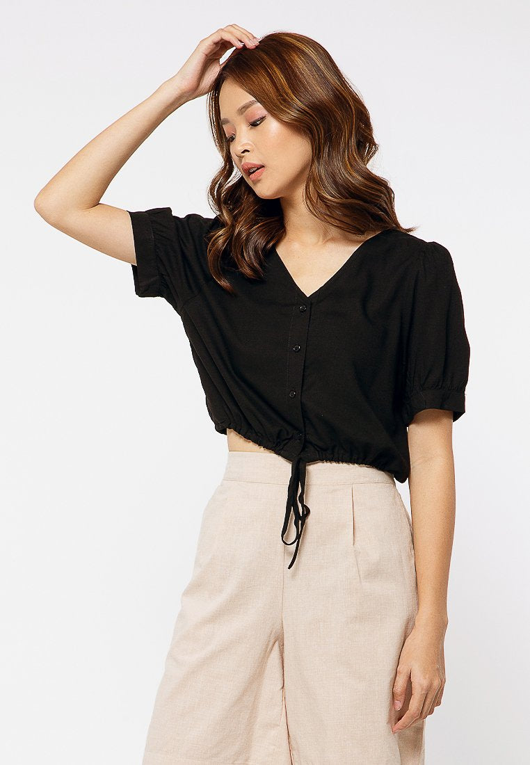V neck Drawstring Blouse with Floral Print
