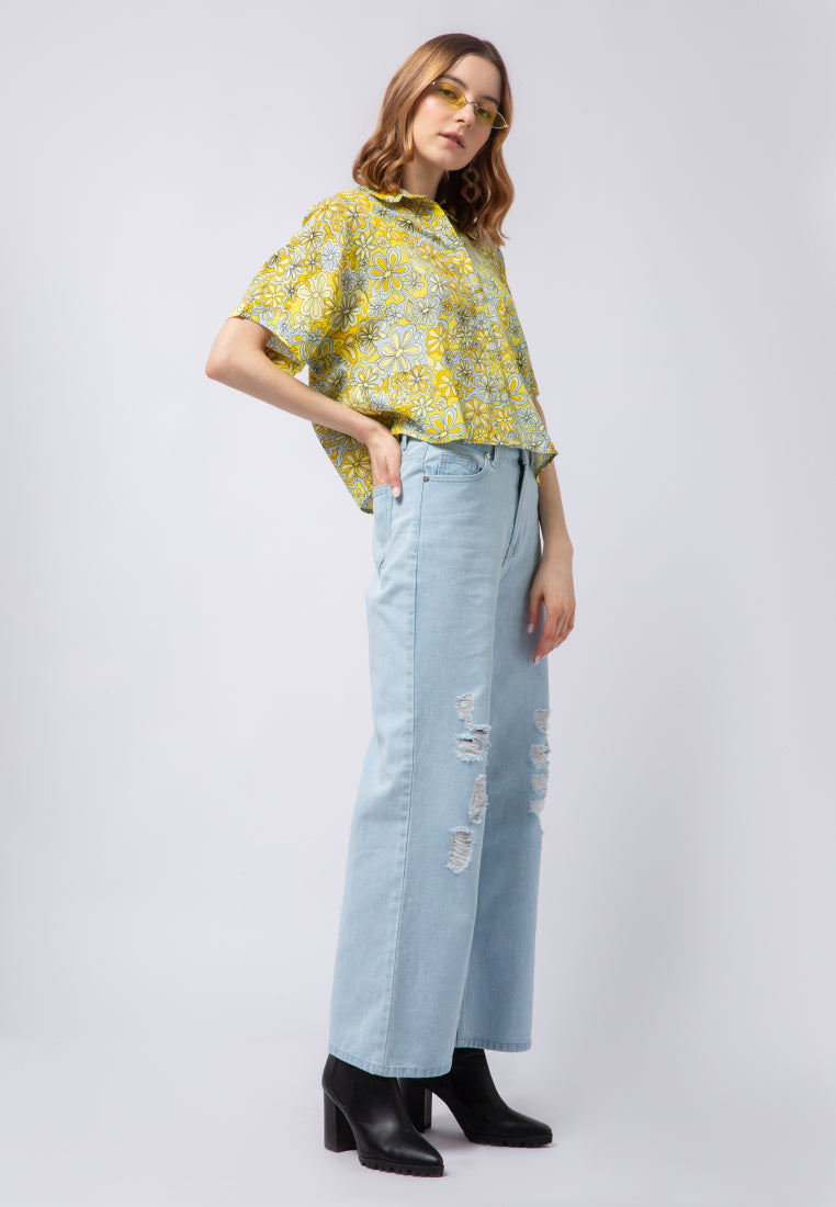 Printed Short Sleeve Crop Blouse
