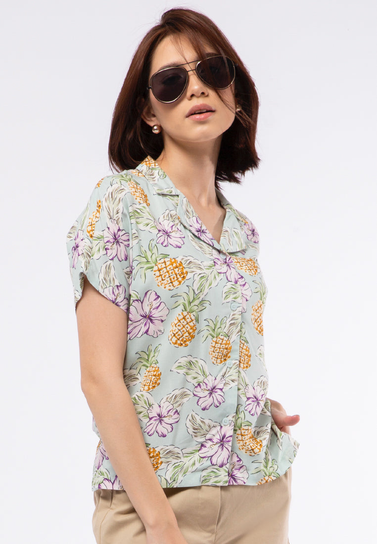 Short Sleeve Tropical Printed Blouse