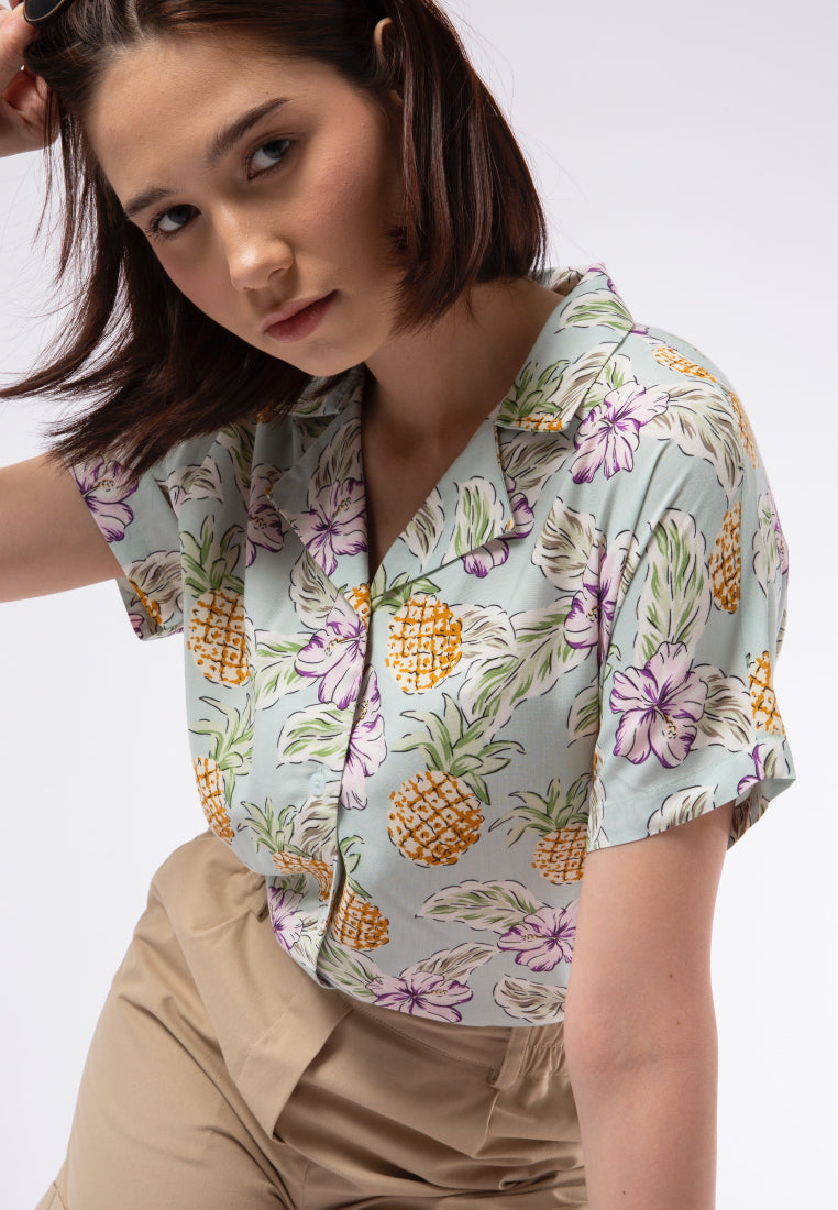 Short Sleeve Tropical Printed Blouse